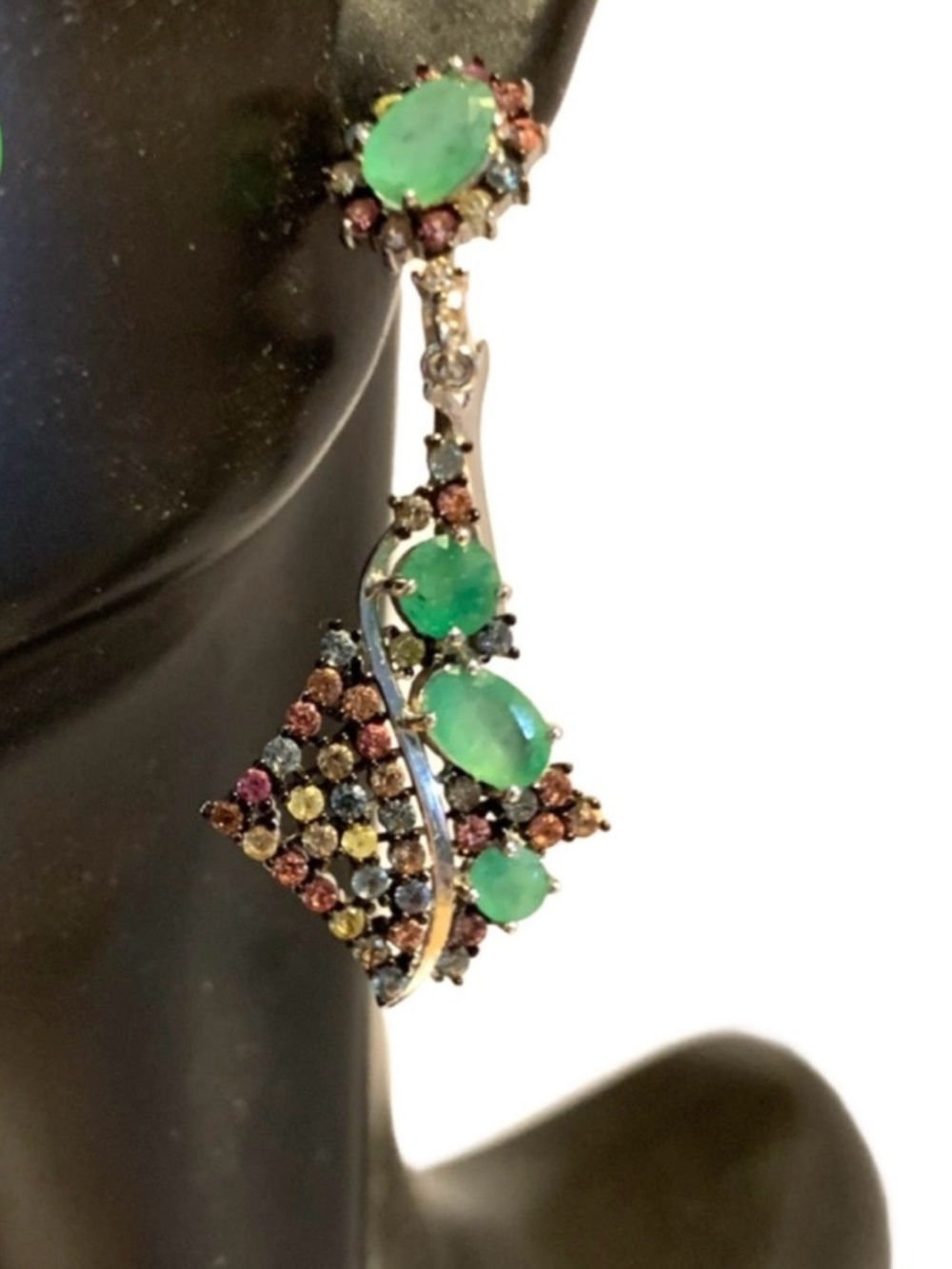 STERLING SILVER 925 LATCH BACK GENUINE EMERALD W/MULTI COLOR SAPPHIRE EARRINGS